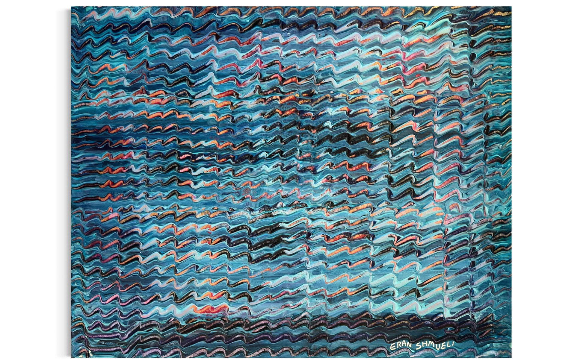 Original abstract canvas painting by Eran Shmueli inspired by ocean waves, rhythm, and layered movement