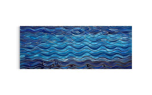 Abstract blue artwork by Eran Shmueli inspired by ocean waves and horizontal movement