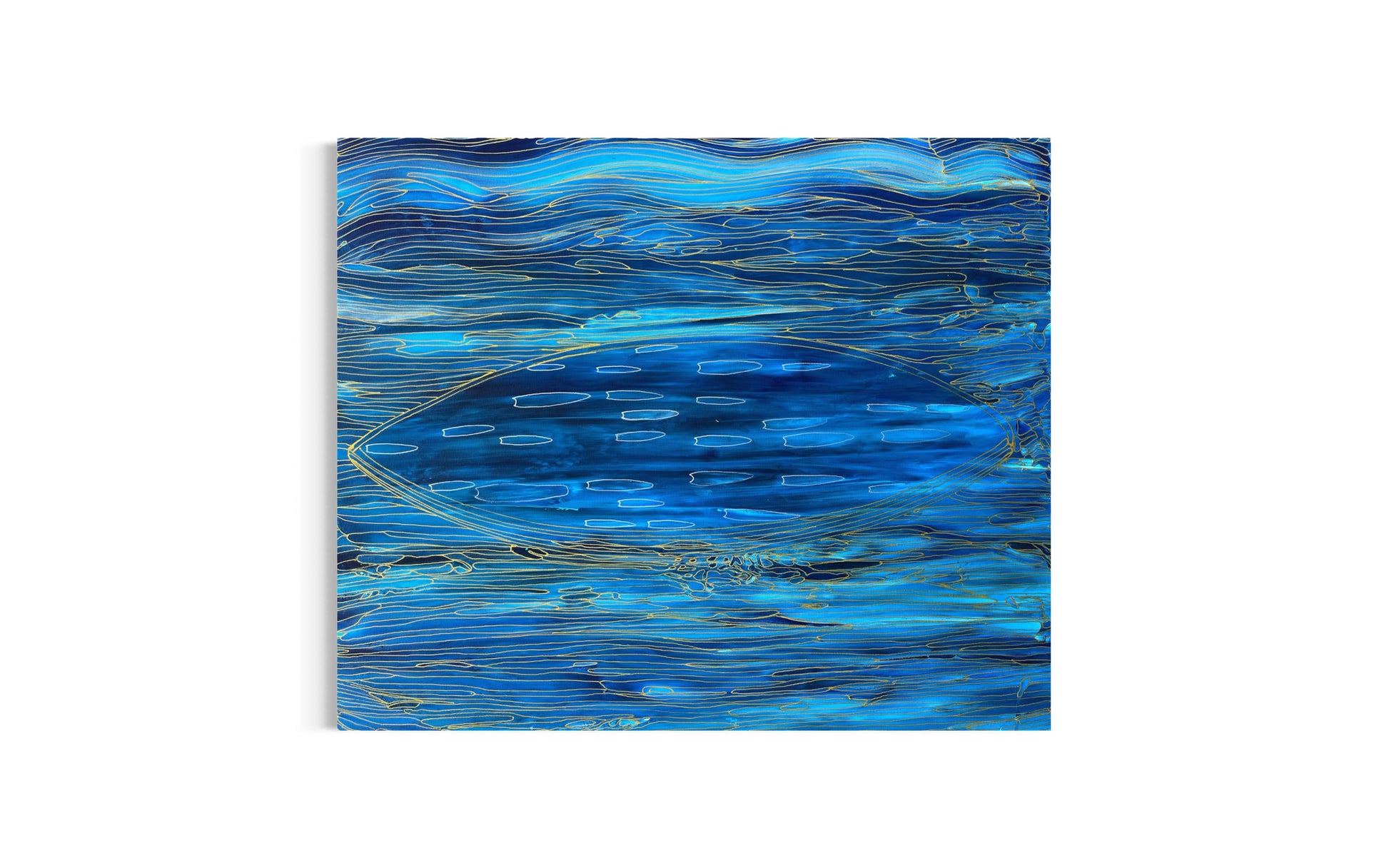 Original abstract painting on canvas by Eran Shmueli featuring a boat form inspired by the sea