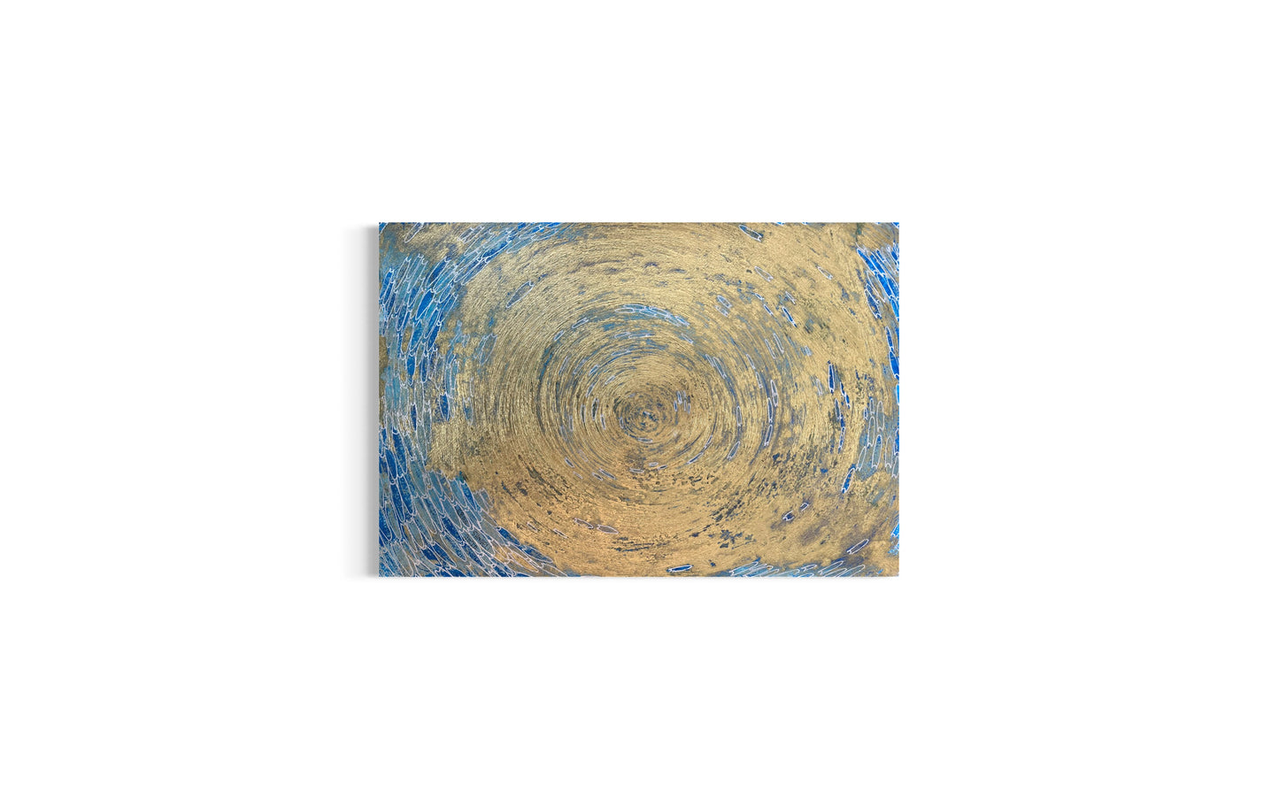 Abstract painting with swirling patterns in blue and brown on a white background