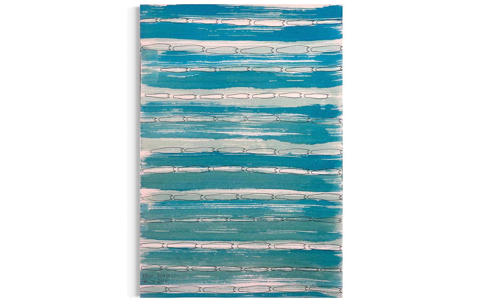 Abstract blue artwork by Eran Shmueli inspired by horizontal movement and the sea