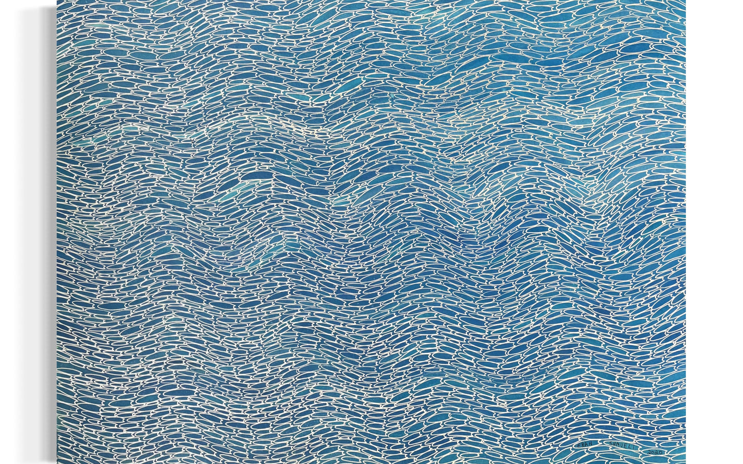 Abstract blue ink artwork by Eran Shmueli inspired by water movement and rhythm